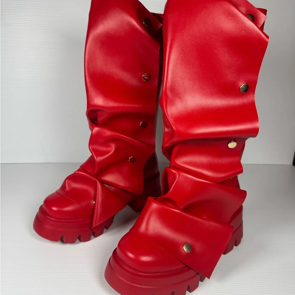 Women's Red Slouch Platform Knee Boots